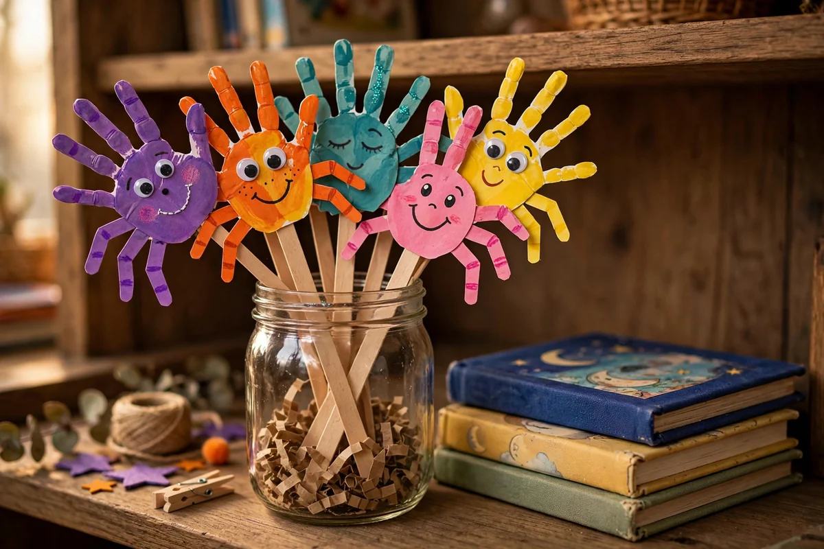 Set of colorful spider handprint puppets beside picture books