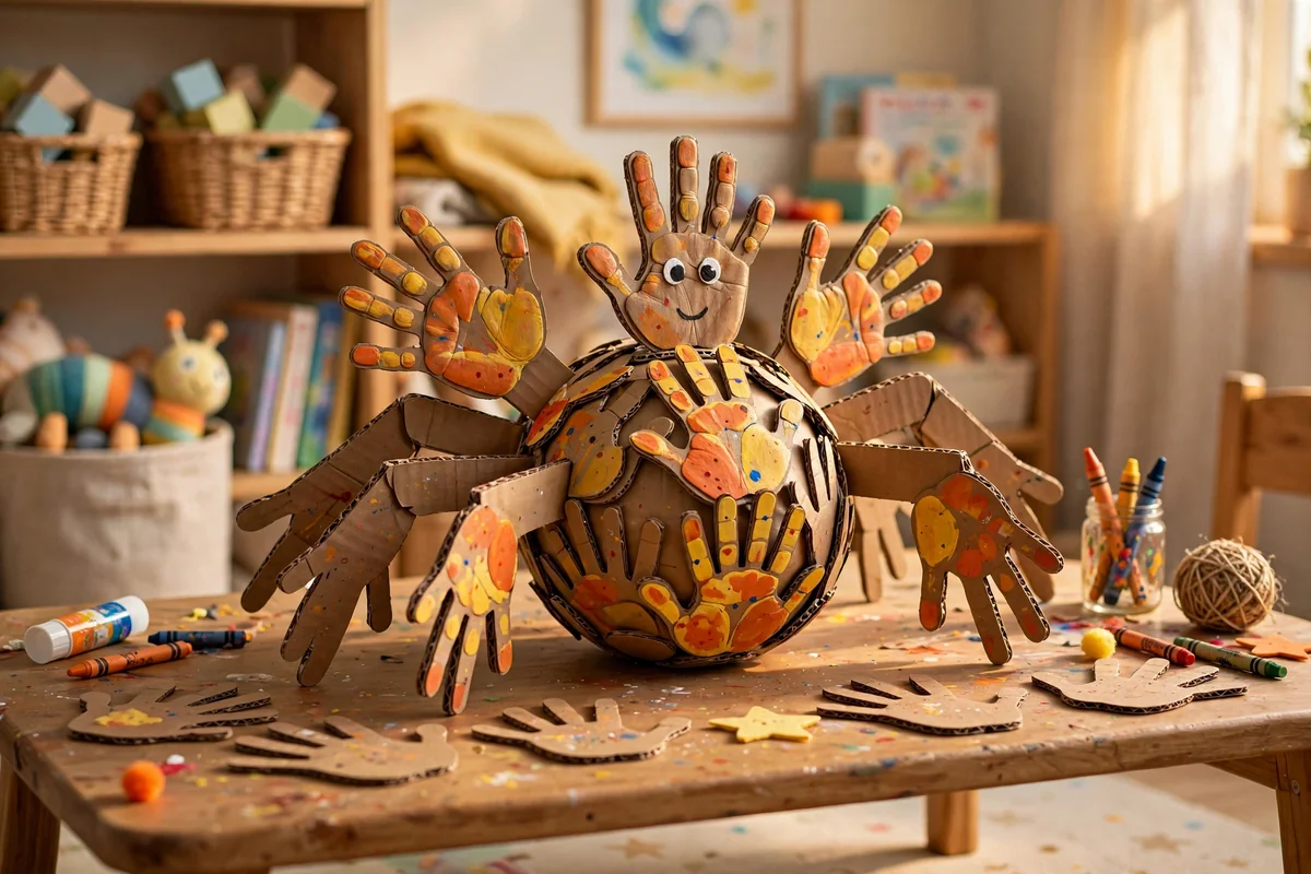 Freestanding 3D cardboard handprint spider on a table