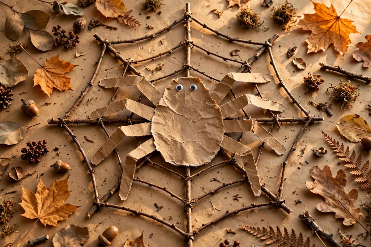 Nature-inspired spider craft with twigs and dried leaves