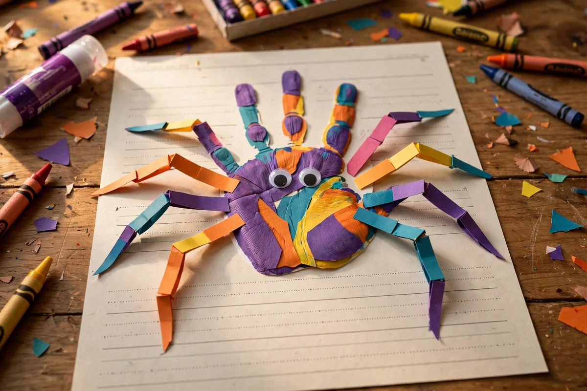 Spider handprint craft on a name practice card with guide lines