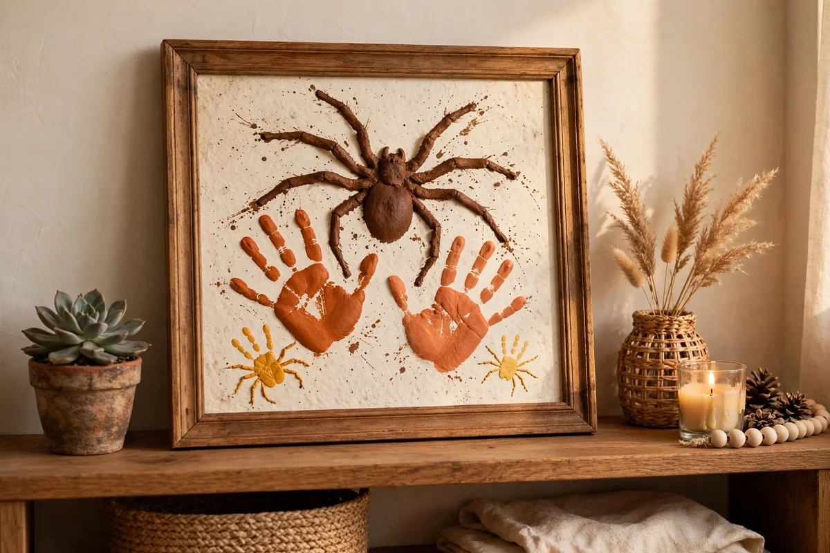 Framed family handprint spider keepsake on a living room shelf