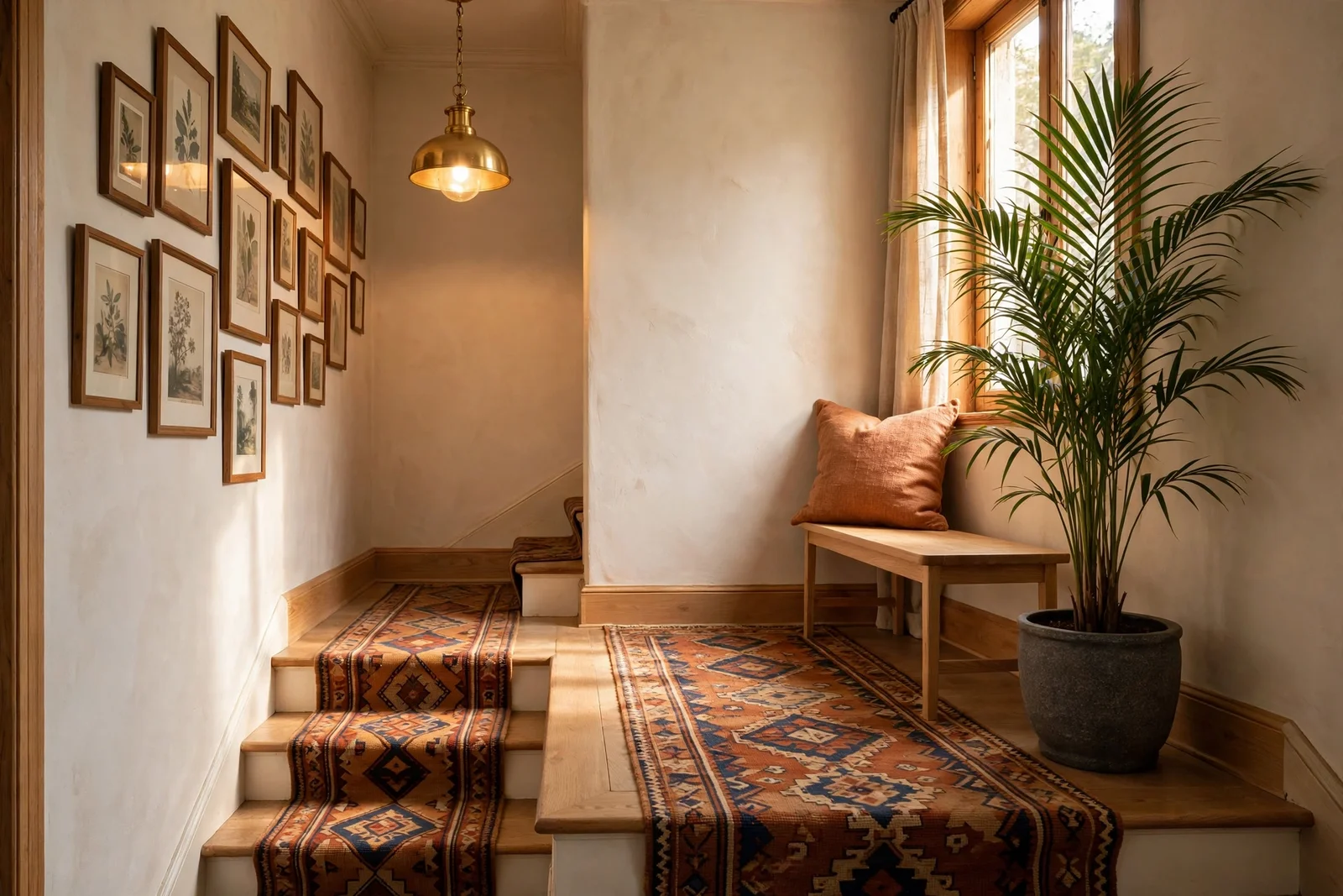 Warm stair landing styled with a slim bench, gallery wall and brass lighting