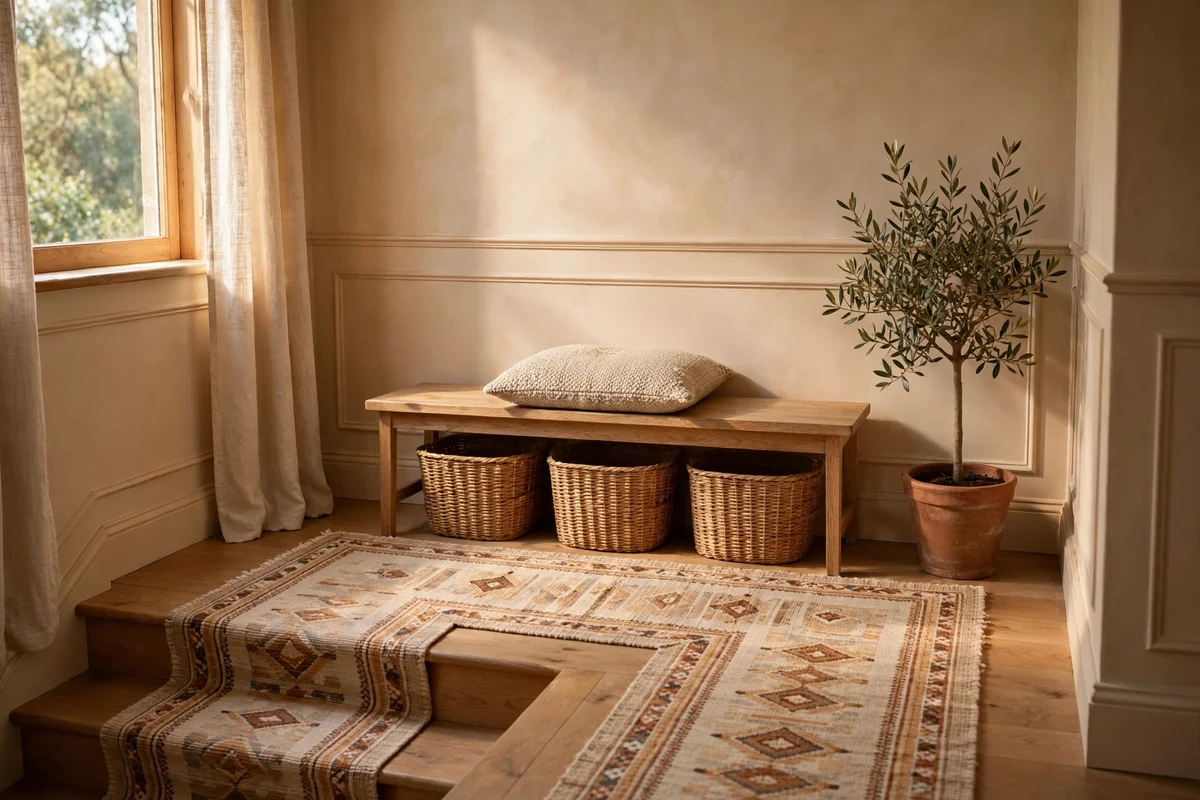 Slim wooden bench with a single cushion and woven baskets on a stair landing