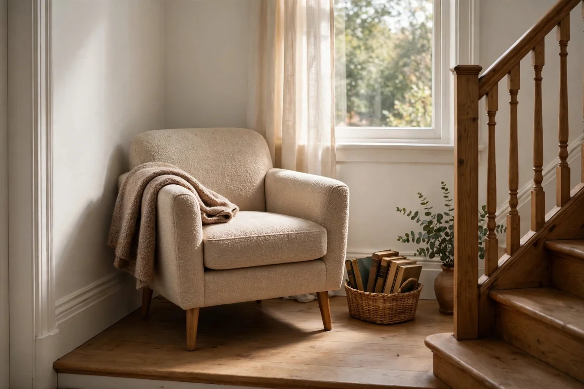 Compact armchair with folded wool throw in a stair landing corner