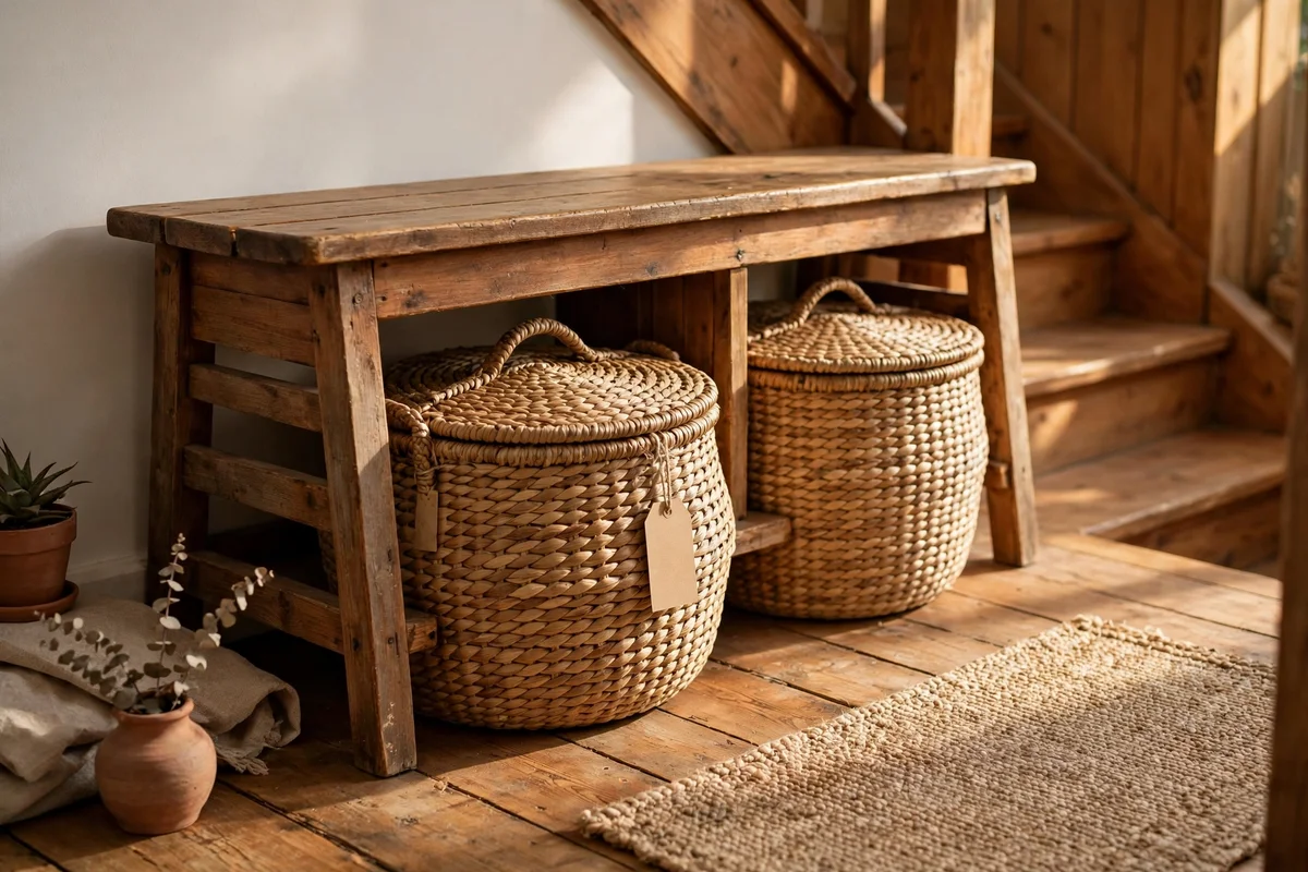 Two lidded seagrass baskets stored under a landing bench