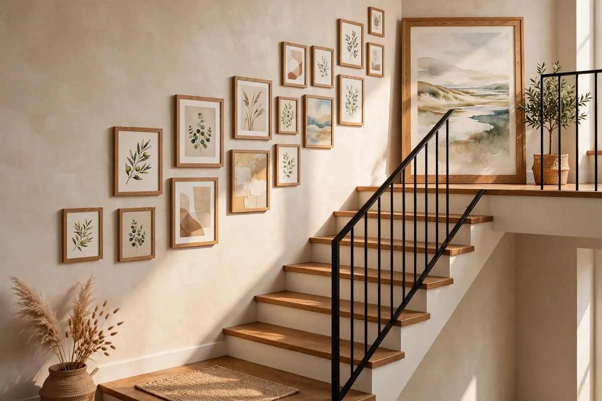 Gallery of framed art climbing a stair wall parallel to the slope