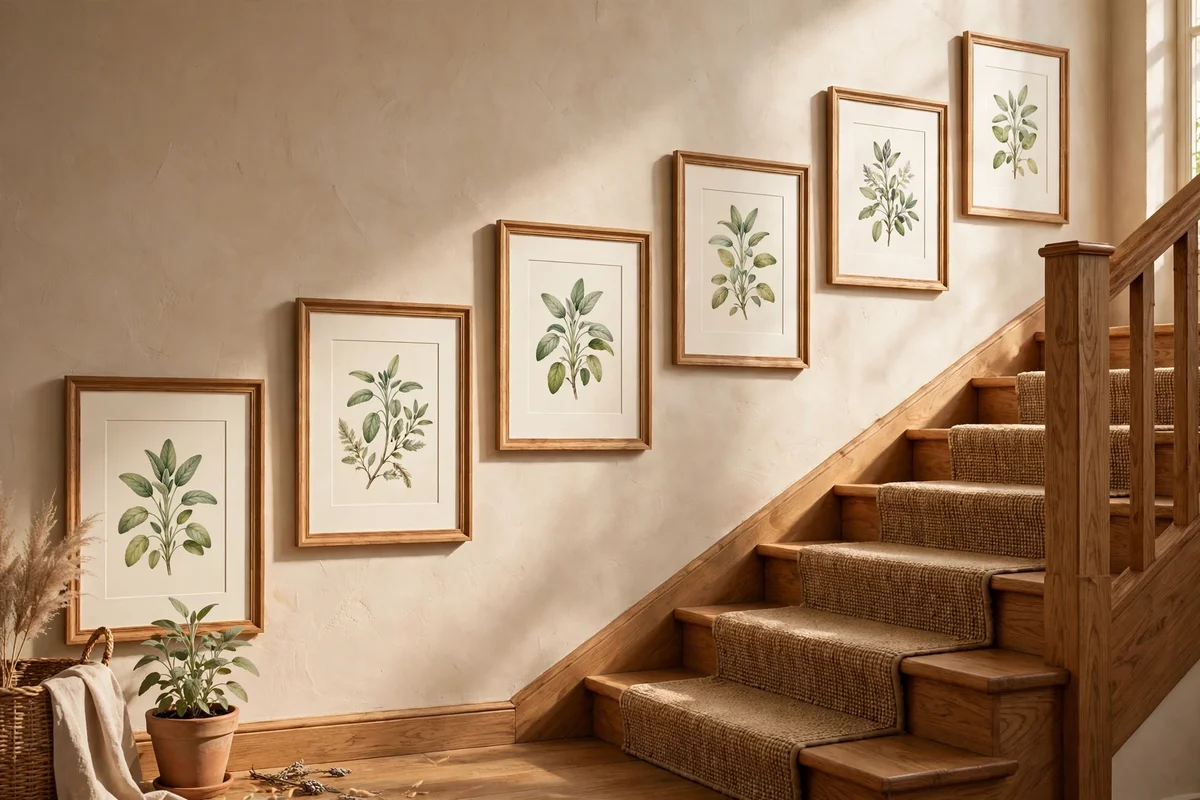 Six matching oak frames with botanical prints along a stair wall