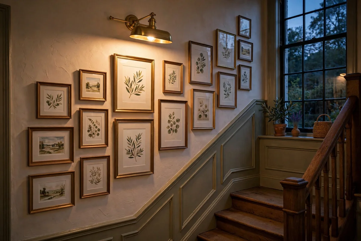 Brass picture light glowing above a gallery of frames on a stair wall