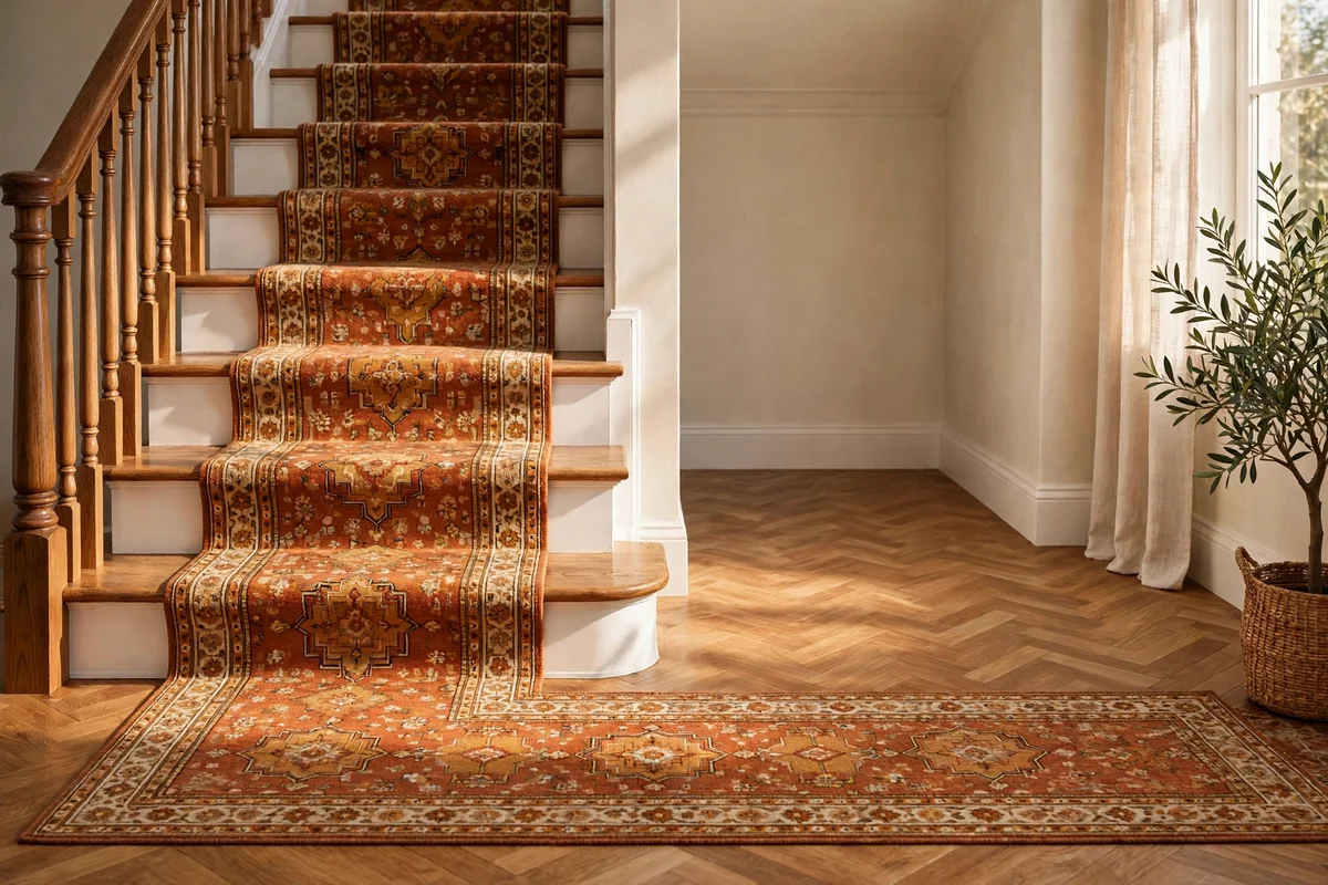 Stair runner continuing in one line across the landing