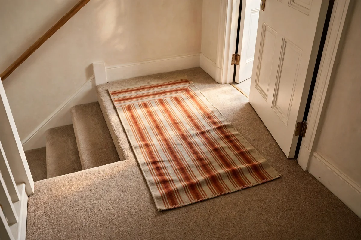 Striped flatweave rug laid across a carpeted stair landing