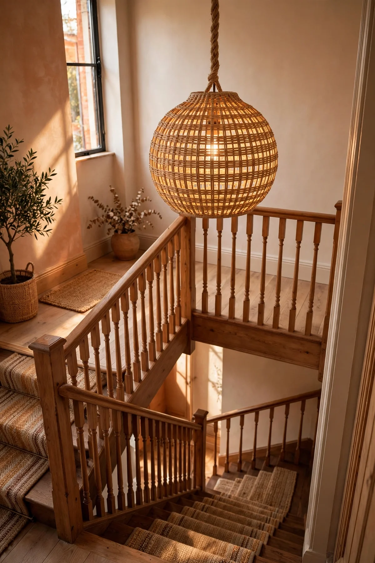 Woven rattan pendant hanging over the stairwell at a landing turn