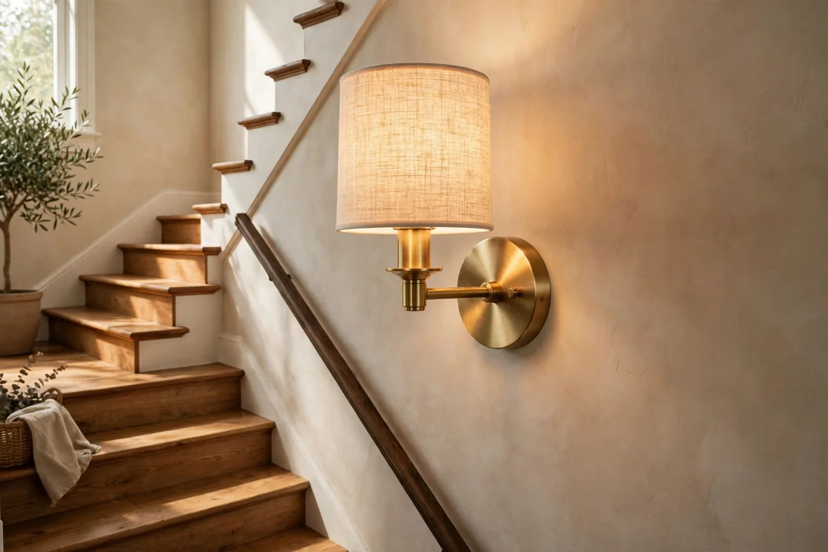 Brass wall sconce glowing on a stair landing at the turn