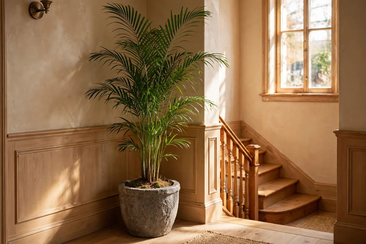 Tall kentia palm in a heavy stone pot on a stair landing