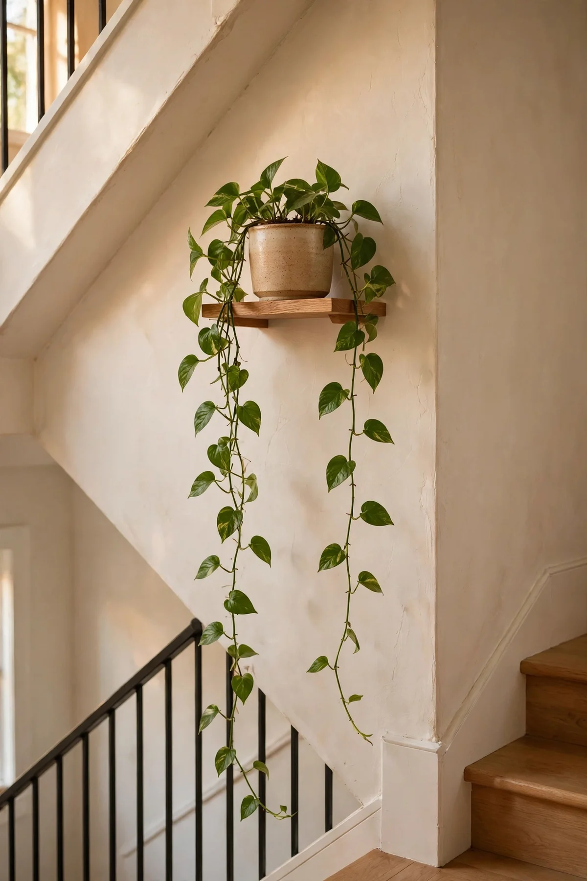 Trailing pothos on a high floating shelf above a stair landing