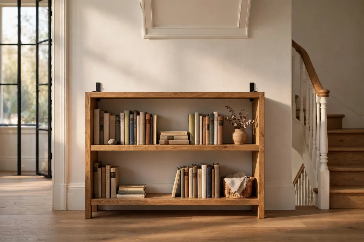 Low two-shelf bookcase with books on a wide stair landing