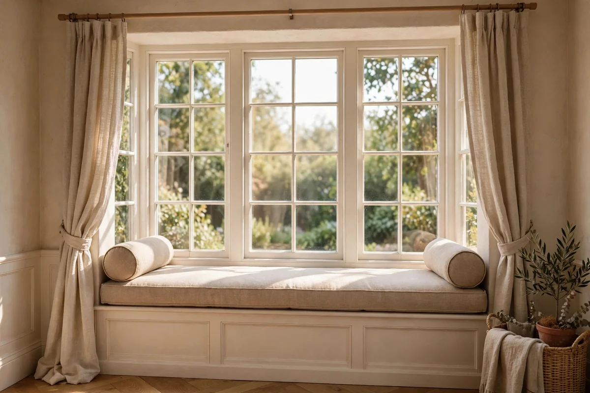 Landing window sill styled as a reading perch with cushion and bolsters