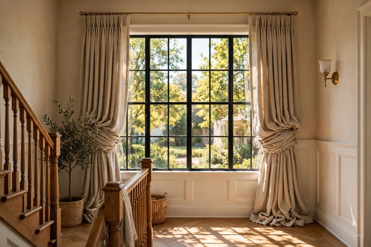 Oatmeal linen curtains on a brass rod at a landing window