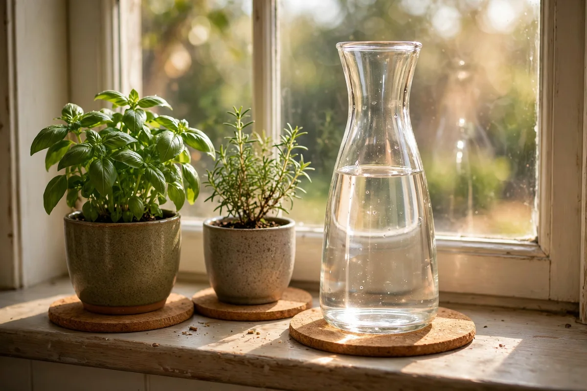 Two potted herbs and a glass carafe on a landing window sill