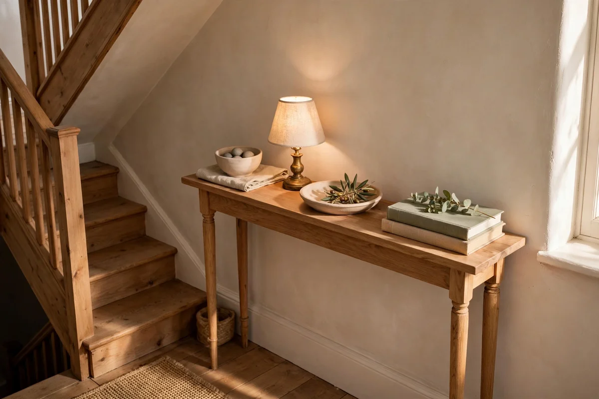 Narrow console with lamp, tray and books on a landing wall