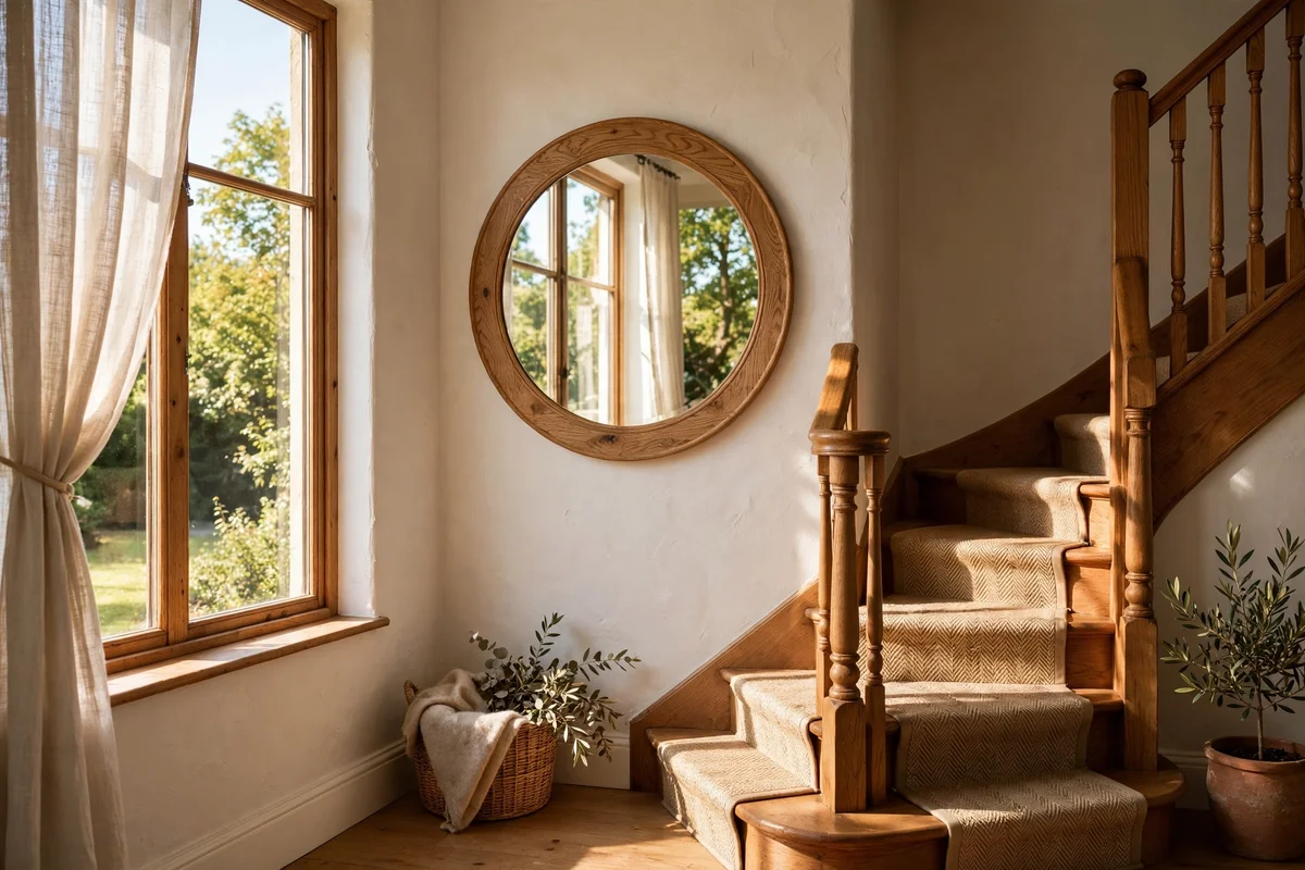 Round oak mirror on a landing wall opposite the window