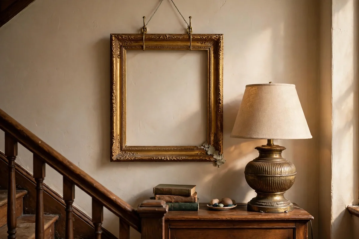 Gallery frame secured with two hooks and a heavy-based lamp on a landing