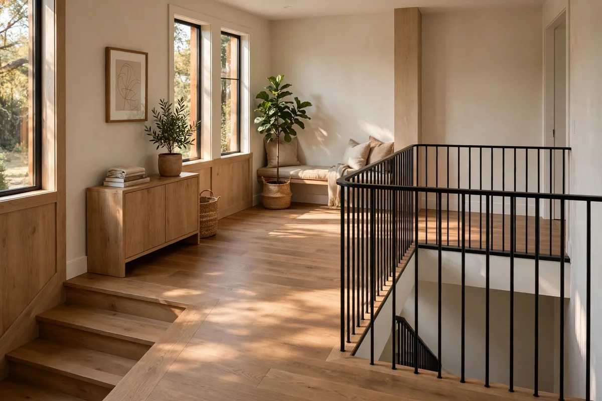 Stair landing with a clear walkway and furniture against the walls