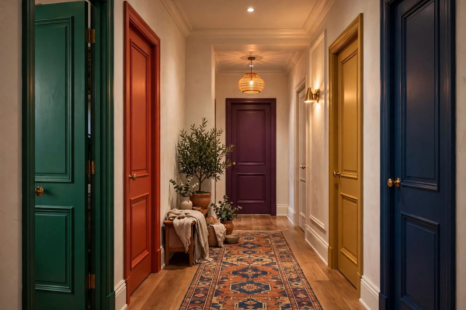 Hallway with stylish painted interior doors in rich colors