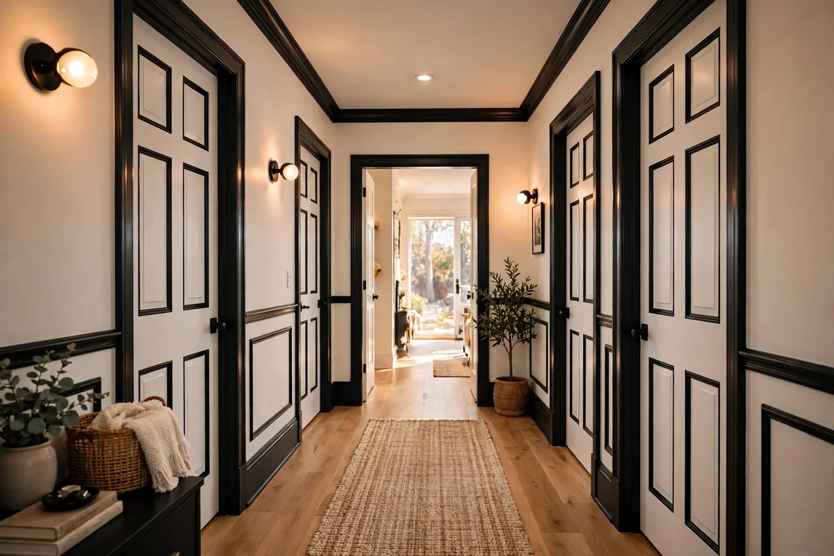 White doors with black trim in hallway