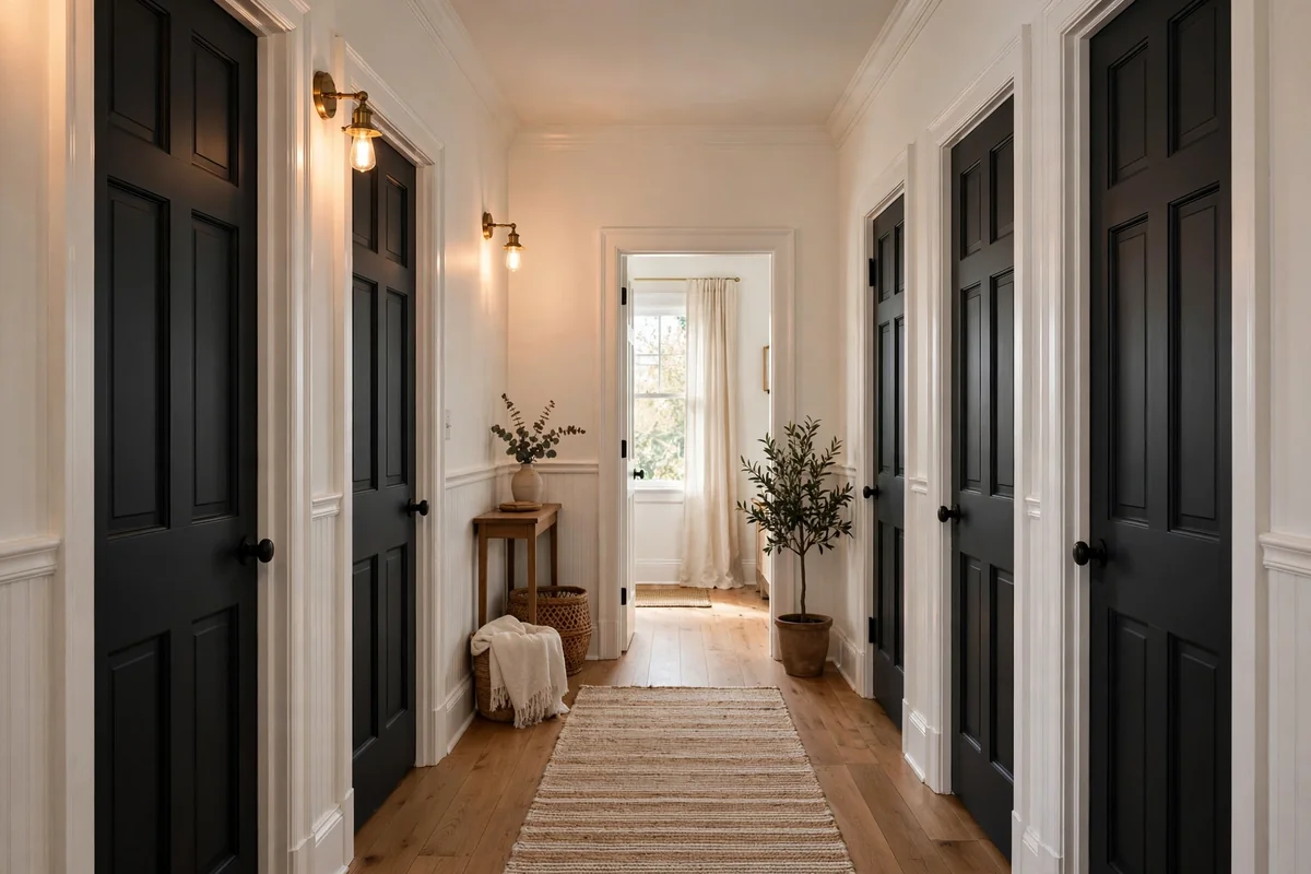 Black doors with white trim in hallway