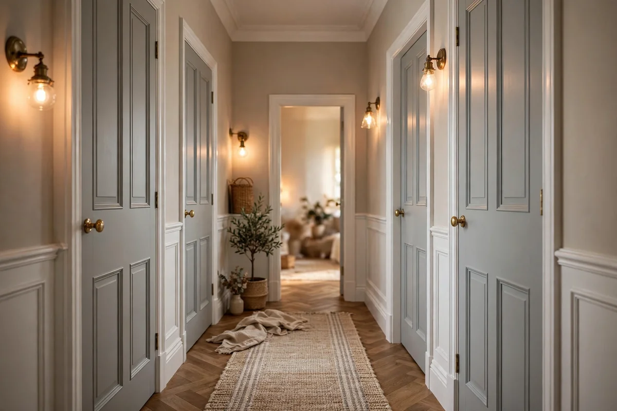 Soft grey doors with white trim