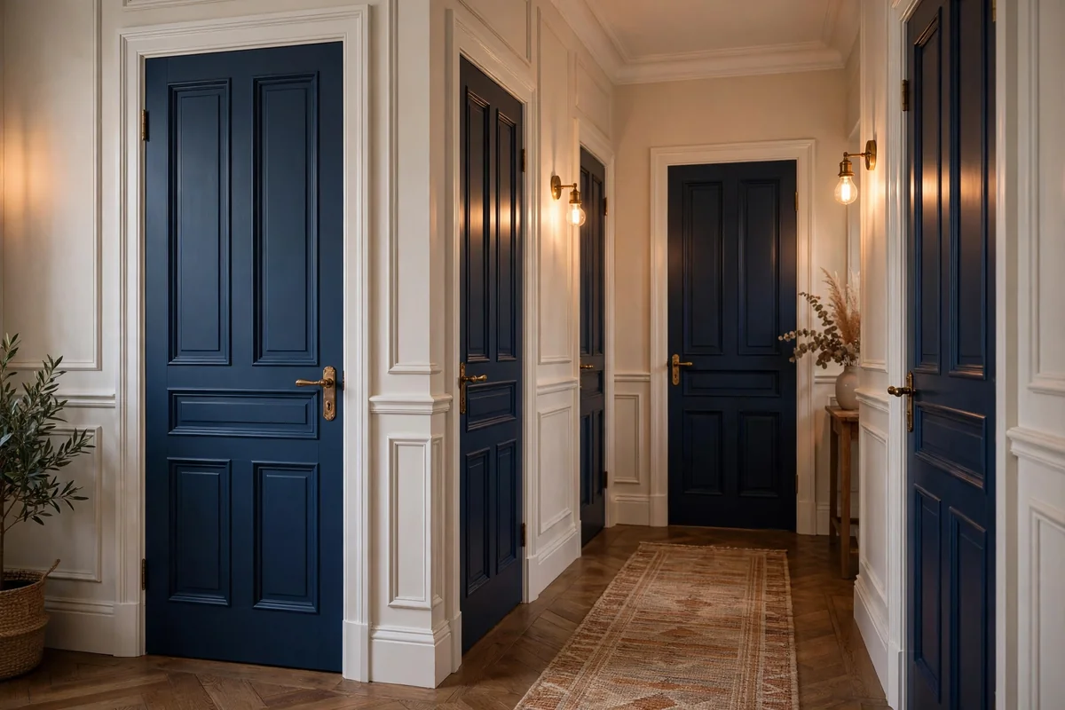 Navy doors with white trim in hallway