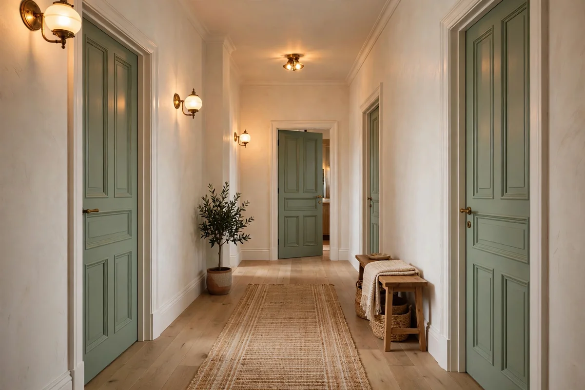 Sage green doors with white trim