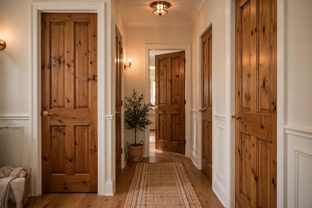 Natural wood doors with white trim