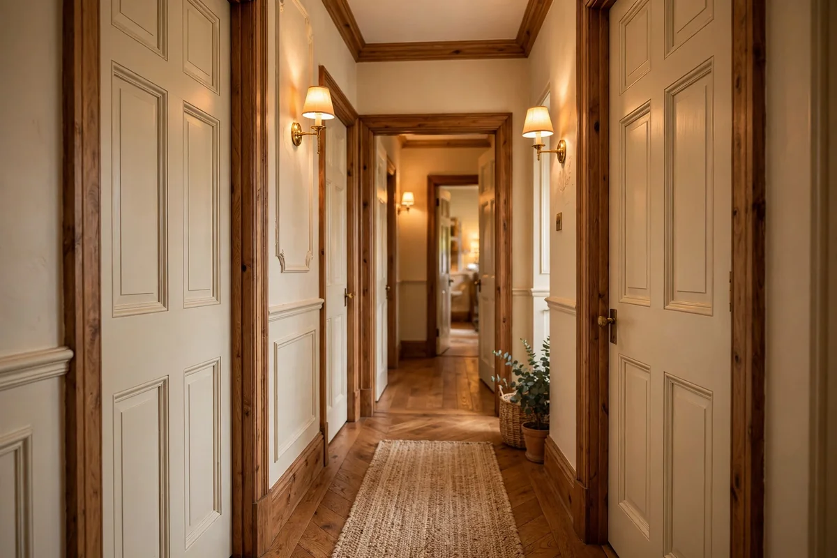 Cream doors with wood trim in hallway