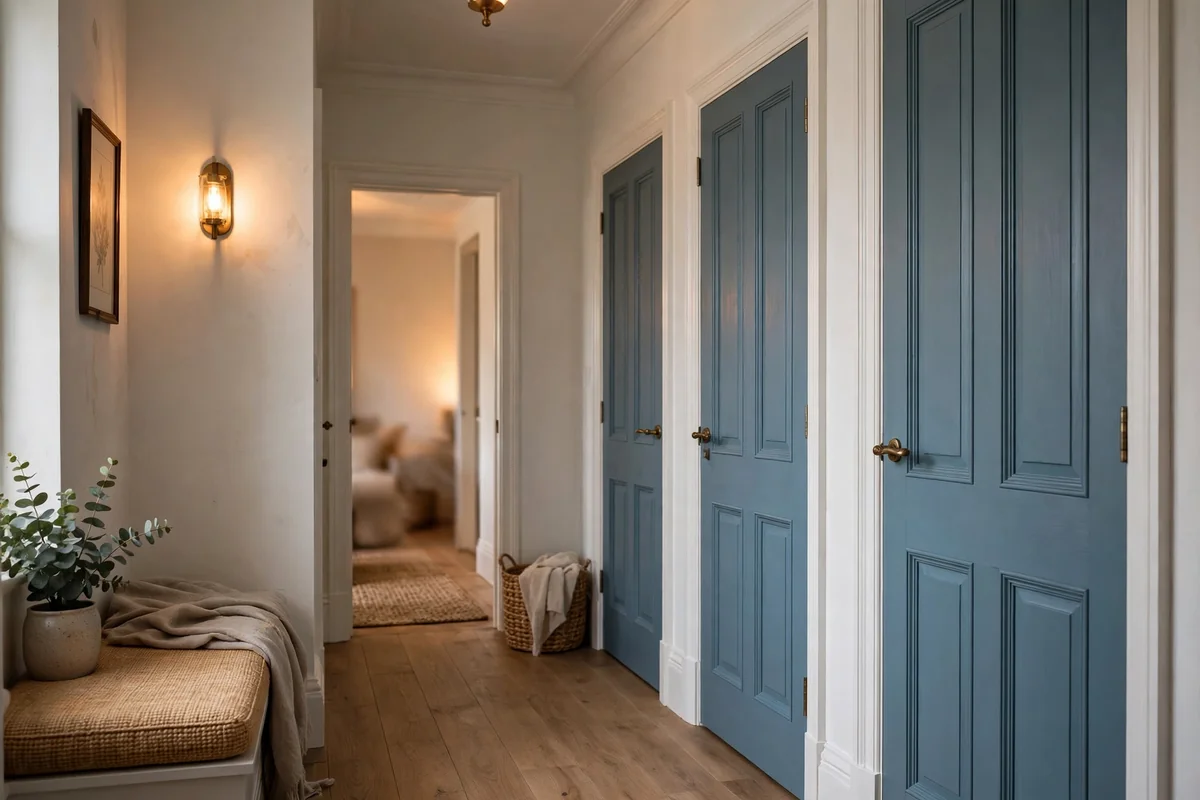 Dusty blue doors with white trim
