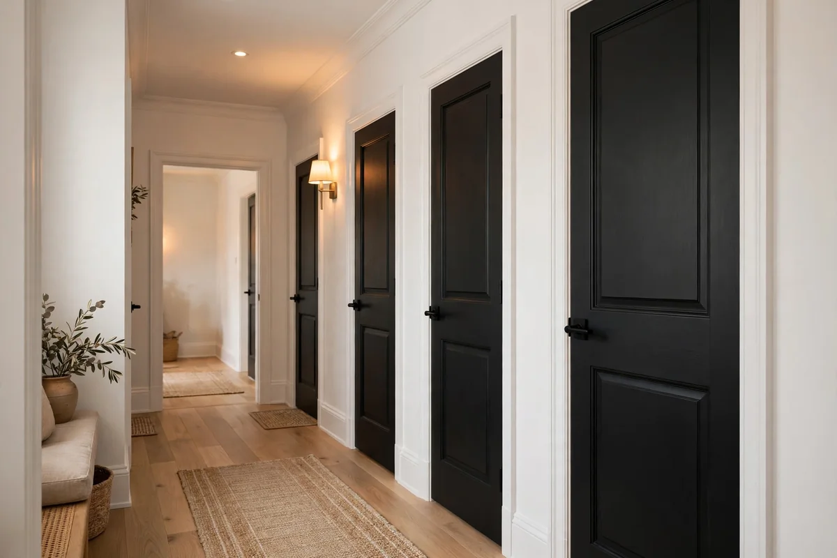 Black doors in bright white hallway
