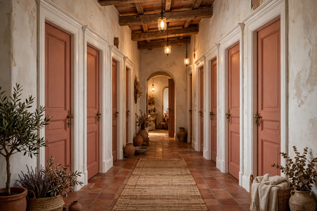 Muted terracotta doors with white trim