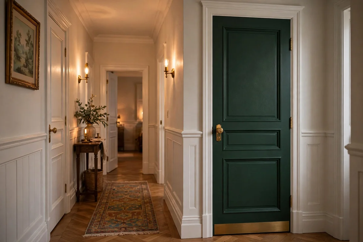 Deep green doors with brass hardware
