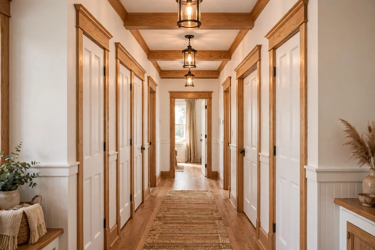 White doors with natural wood trim