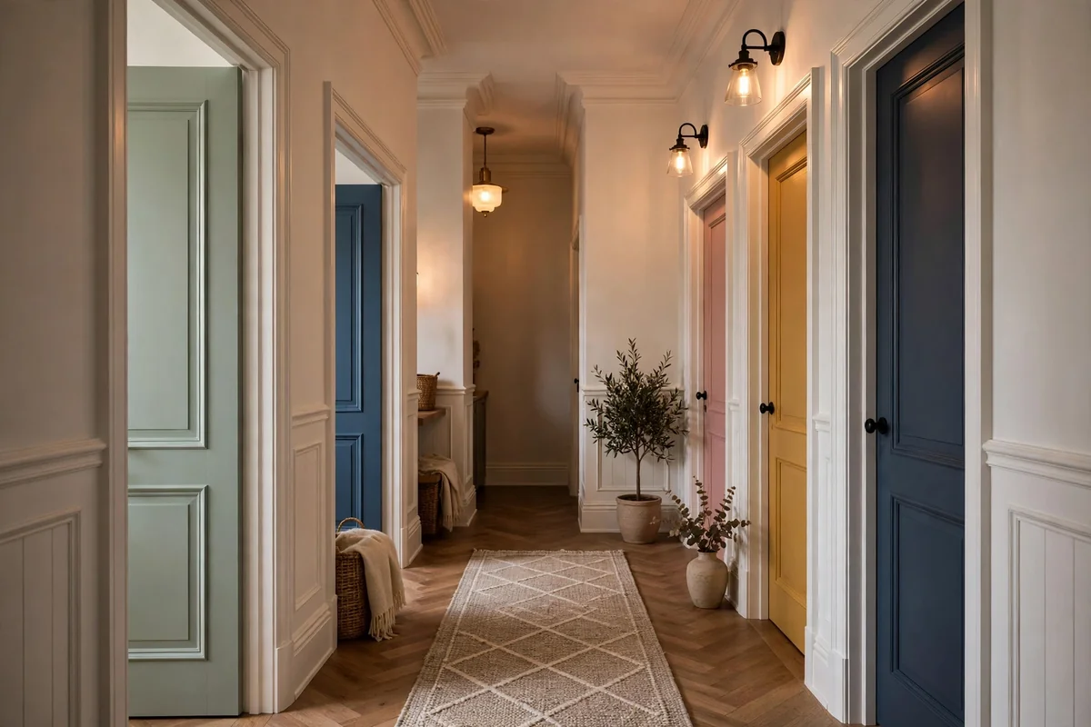 Consistent white trim with painted doors