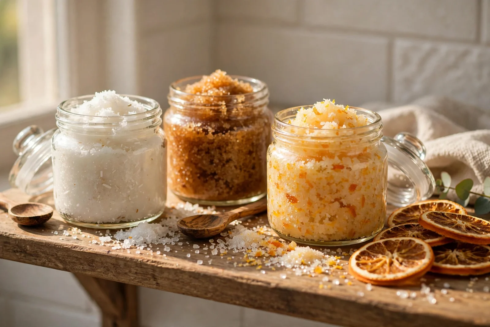 Glass jars of homemade sugar scrub with wooden spoons on a bathroom shelf