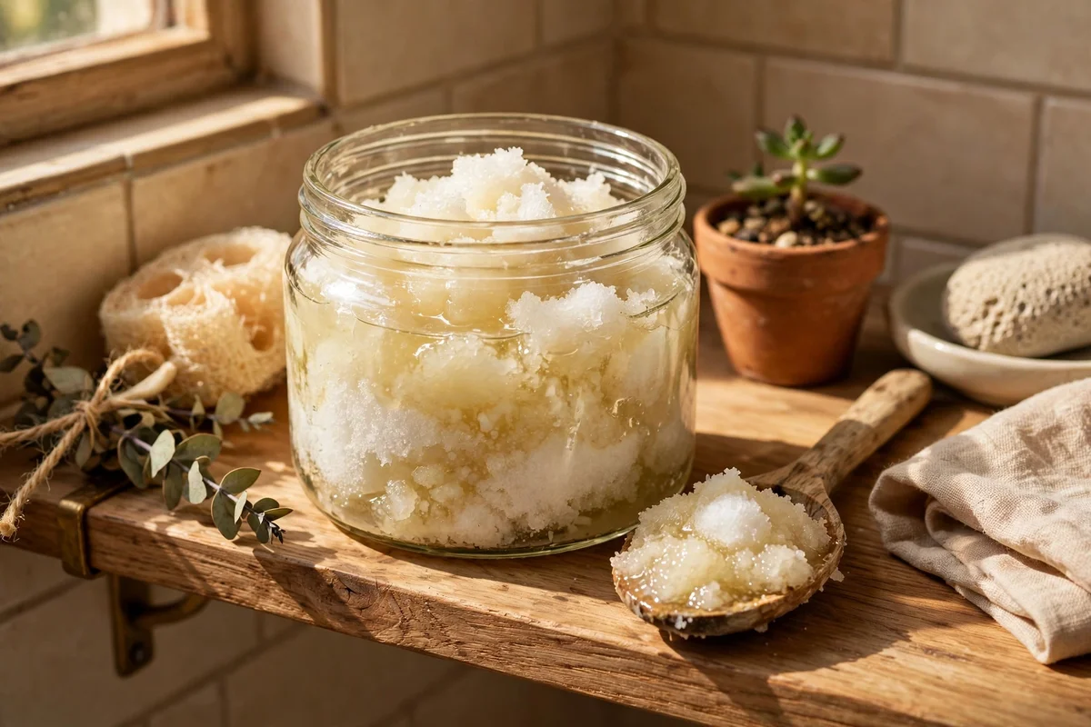 Glass jar of white sugar and coconut oil scrub with a wooden spoon