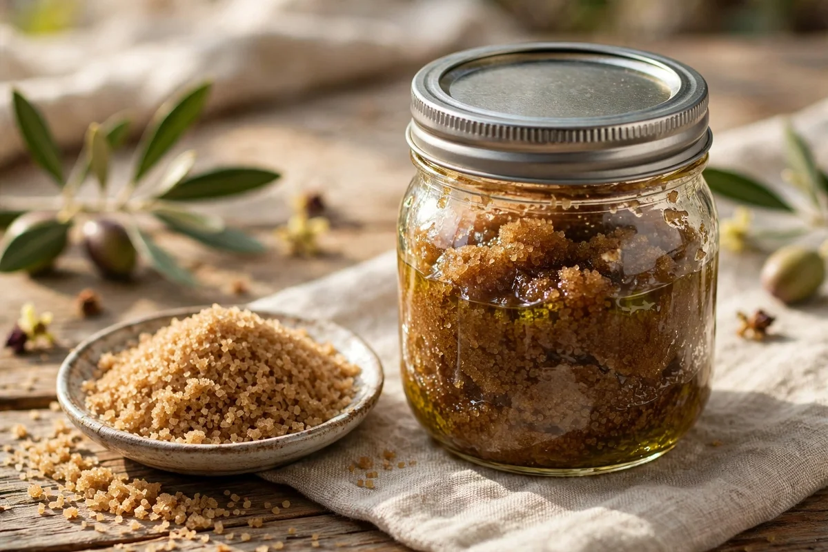 Brown sugar and olive oil scrub jar beside a dish of brown sugar