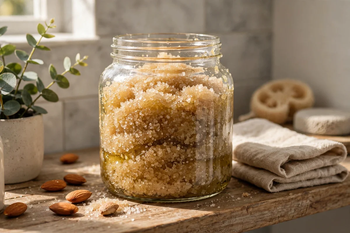 Almond oil sugar scrub in a wide mouth glass jar on a shelf