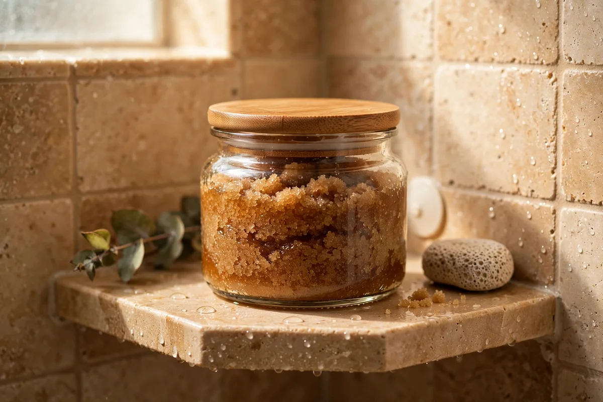 Honey brown sugar scrub in a lidded jar on a bathroom shelf