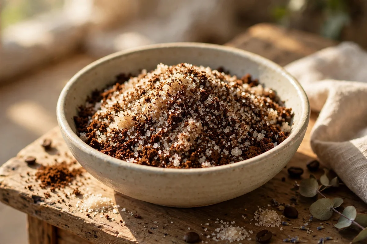 Coffee ground sugar scrub in a ceramic bowl on a wooden table