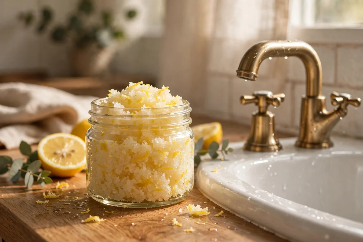 Lemon zest sugar scrub in a small jar by a bathroom sink