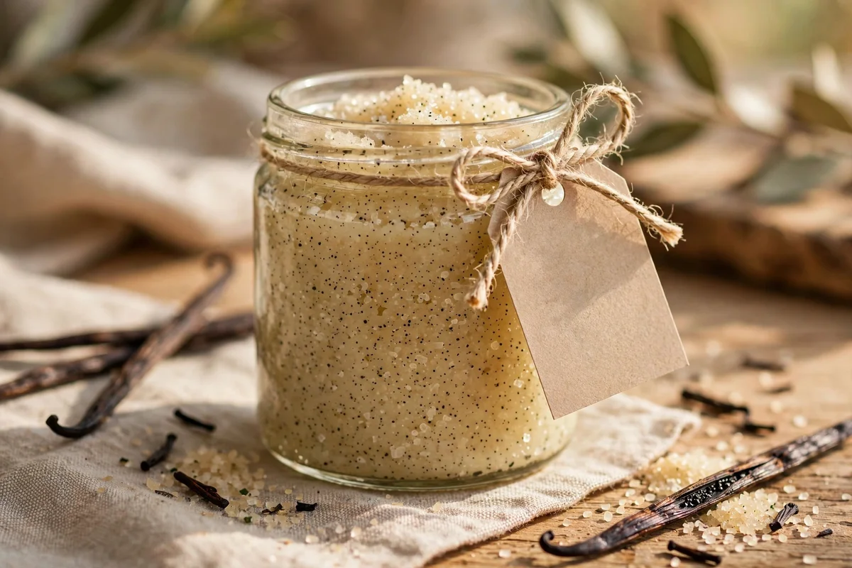 Vanilla speckled sugar scrub jar with a plain tied paper tag