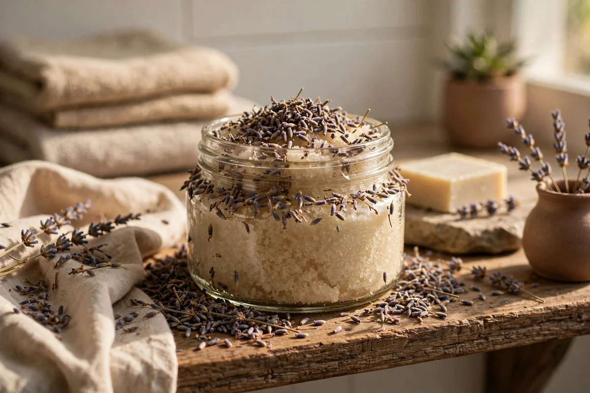 Lavender buds over a sugar scrub jar on a bathroom shelf