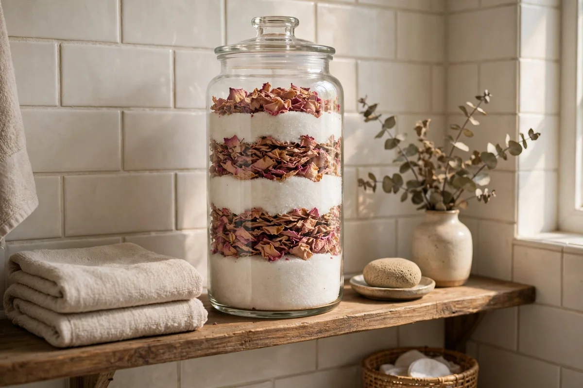 Layered sugar and rose petals in a tall glass jar
